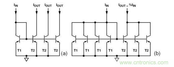 （a） 多級電流鏡 （b） 非整數(shù)比例電流鏡可將3個T2集電極結(jié)合起來，得到3IIN